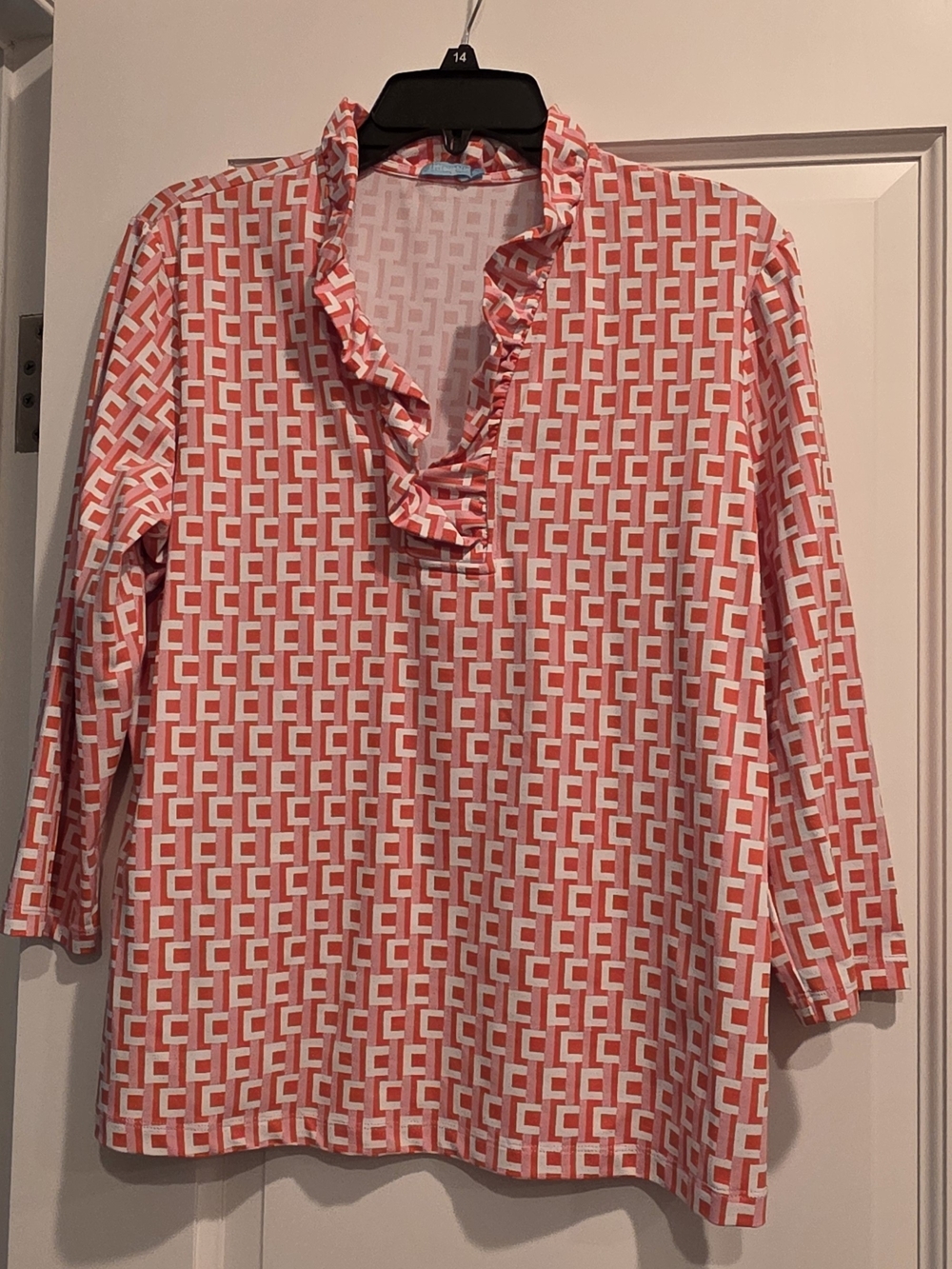 Geometric Coral Ruffle V-Neck Tunic